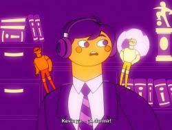 Illustration of a young man with a headset and a suit, talking to miniatures of himself standing on his shoulders.