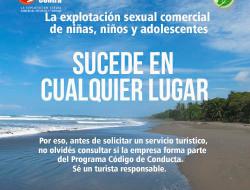 Imagen diurna de una playa tropical, con texto que nos recuerda que la trata de personas sucede a nuestro alrededor. 