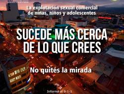 Campaña Sucede Ciudad Imagen de la ciudad al atardecer, con texto que nos recuerda que la trata de personas sucede a nuestro alrededor.