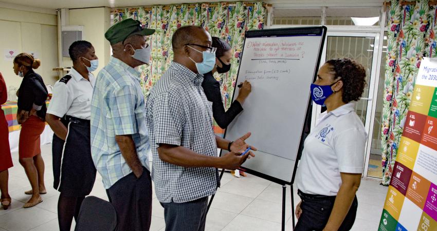 IOM staffer builds lists of risks on a blank poster, in activity with tourism sector.