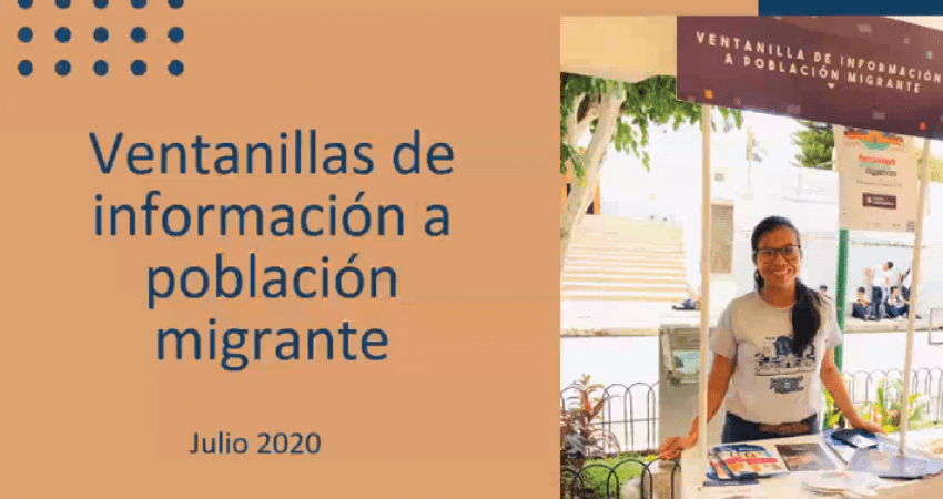 Captura de la presentación utilizada. Título: Ventanillas de Información para Población Migrante. Y foto de archivo de stand de ventanillas informativas en actividad comunitaria